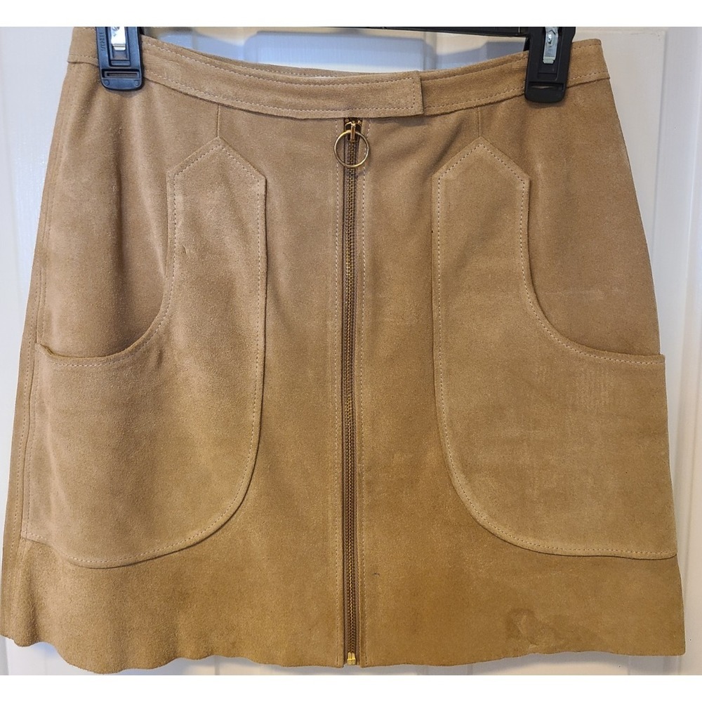 Reiss Trendy 100% Leather Suede Mini Skirt Sz 2 Full Front Zipper Pockets Lined